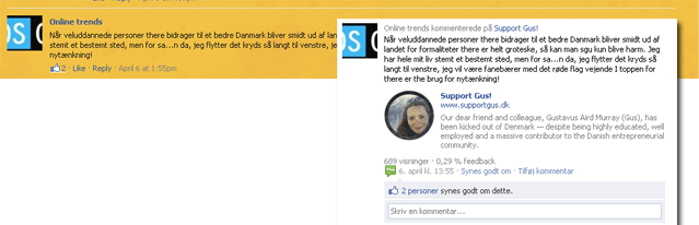En kommentar delt mellem siden supportgus, og Trendsonlines newsfeed